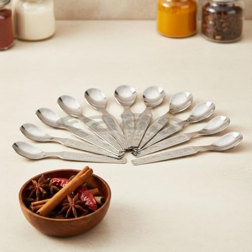 faas Stainless Steel Masala Spoons | Set of 12 | Mini Spoons for Tea/Sugar | Spices Spoon for Kitchen | for Small Containers | Spoon for Masala Dabba |Silver Color Length- 9.5cm - Image 1