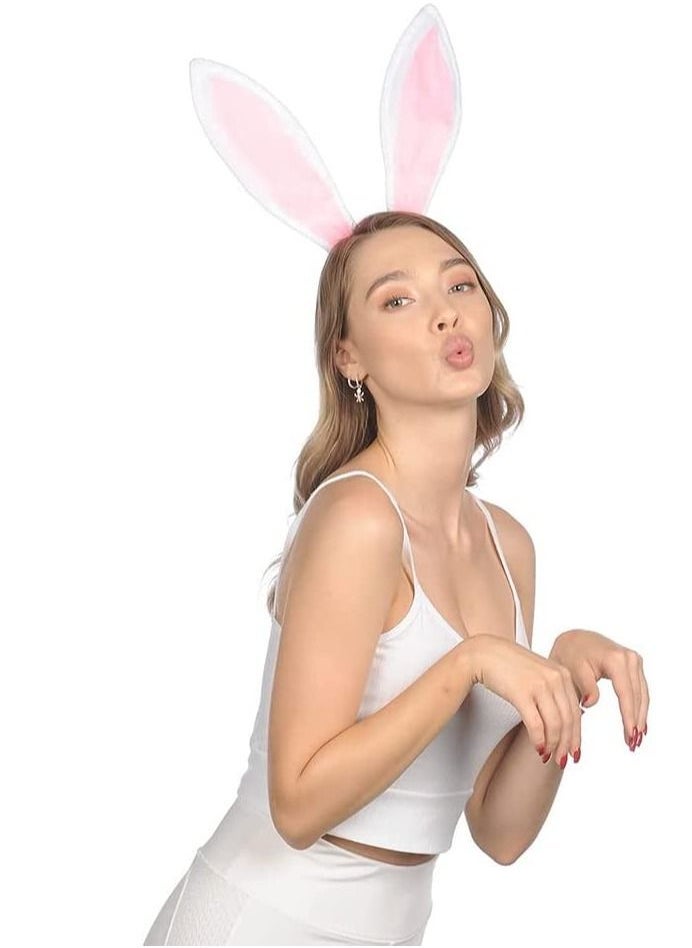 إسكدنيا Bunny Ears Headband Plush Rabbit Ears Headwear Bunny Girl Bunny Ear Headband, for Cosplay Party Favor White and Pink Bunny Costume Accessories for Kids and Adults - Image 3