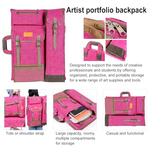 TRANSON Art Portfolio Case Artist Backpack Canvas Bag Large 26” x 19.5” Magenta - Image 2