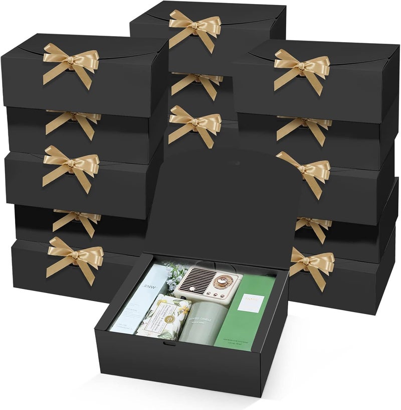 PEKGRIL 15 PCs Gift Boxes with Lids, Black 10X8X4 Inch Gift Boxes, Bridesmaid Proposal Box with Ribbon, Kraft Paper Boxes for Wedding, Packaging, Present, Birthday, Christmas, Party - Image 1