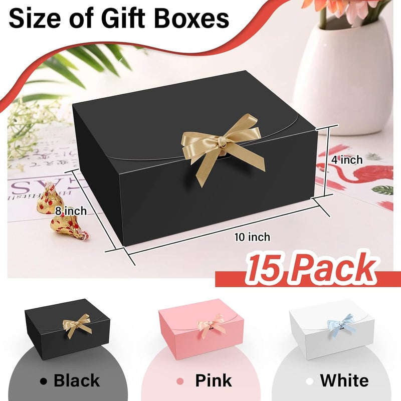 PEKGRIL 15 PCs Gift Boxes with Lids, Black 10X8X4 Inch Gift Boxes, Bridesmaid Proposal Box with Ribbon, Kraft Paper Boxes for Wedding, Packaging, Present, Birthday, Christmas, Party - Image 2