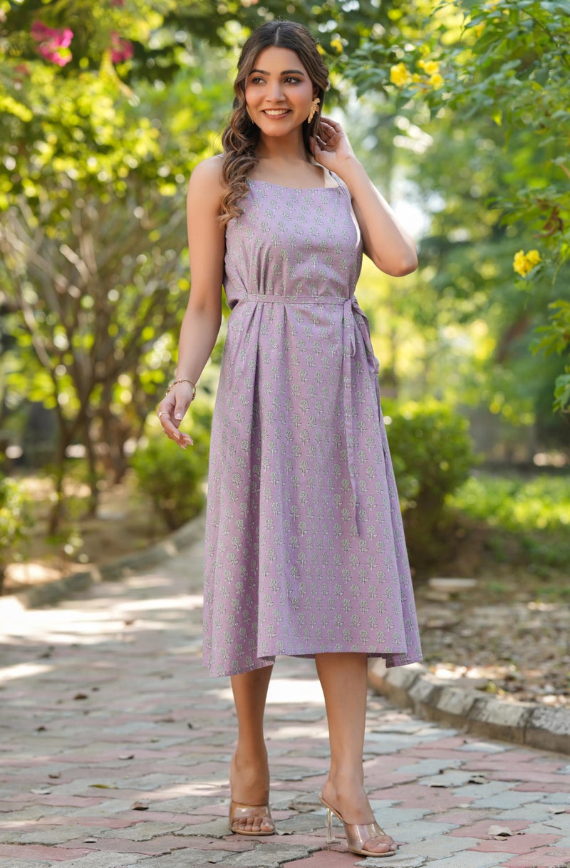 Janasya Women's Lavender Pure Cotton Floral Printed A-line Dress (JAA25KR01454-DR-XS) - Image 5