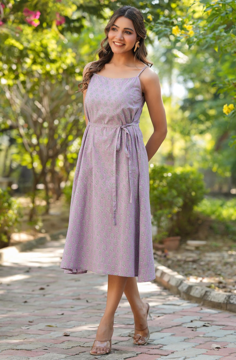 Janasya Women's Lavender Pure Cotton Floral Printed A-line Dress (JAA25KR01454-DR-XS) - Image 3