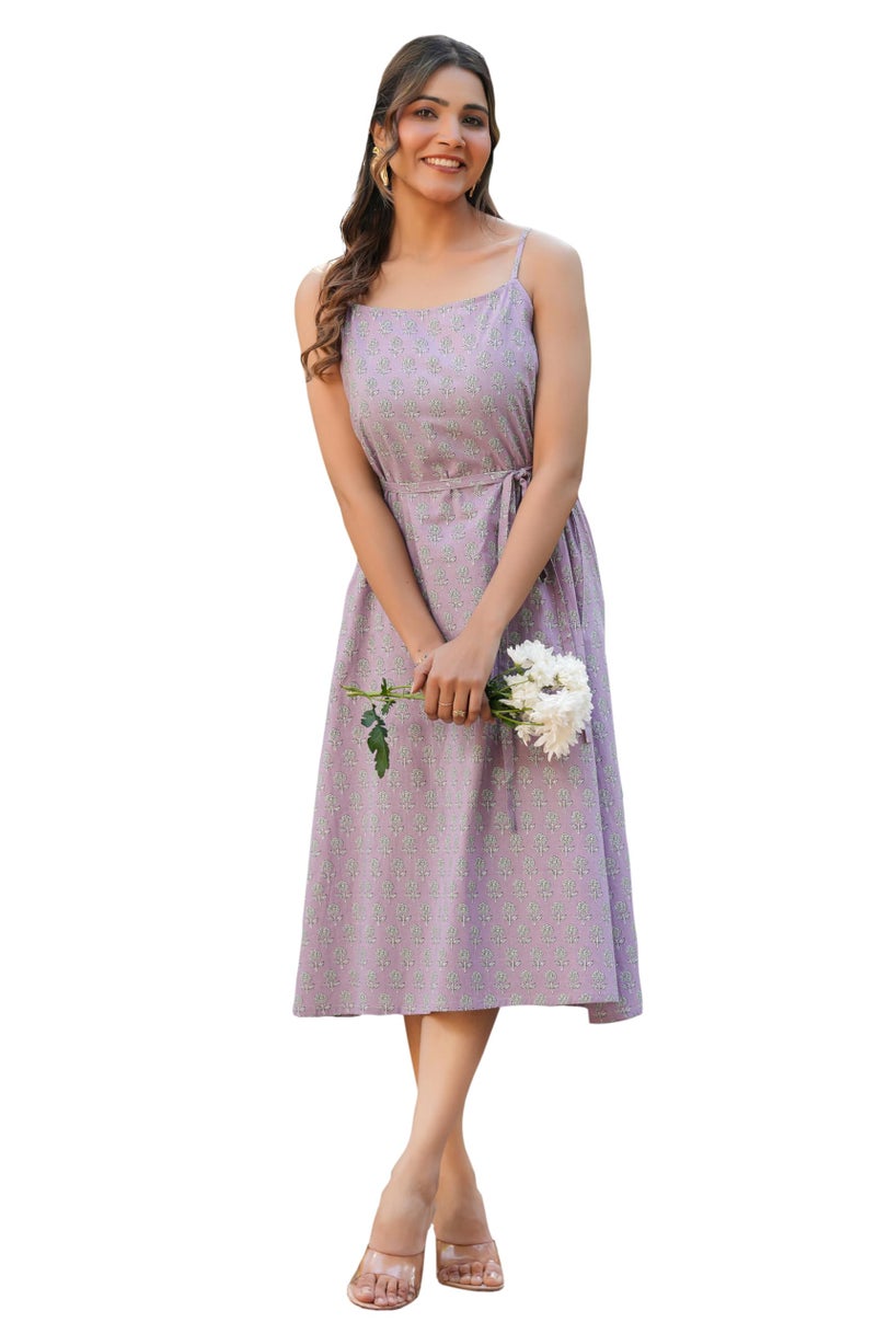 Janasya Women's Lavender Pure Cotton Floral Printed A-line Dress (JAA25KR01454-DR-XS) - Image 1