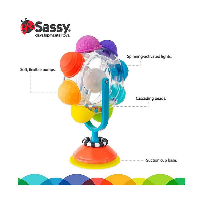 Sassy Light Up Rainbow Reel Tray Toy for Babies 6 , Spin Action with Colorful Bumps, Soothing Beads Sound, BPA Free - Image 5
