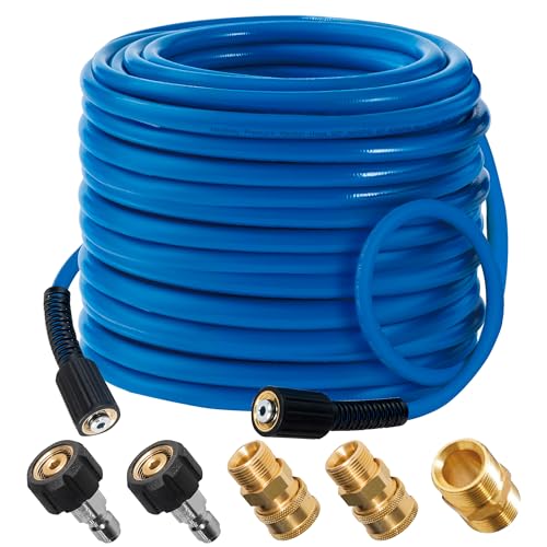 Hourleey Pressure Washer Hose 50 FT, 3600 PSI Flexible Kink Resistant Power Washer Hose Replacement, 1/4" Quick Connect Pressure Washer Hose Extension With M22 x 3/8", Blue - Image 1