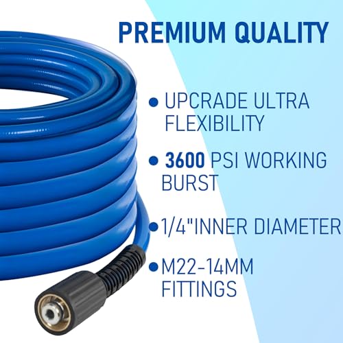Hourleey Pressure Washer Hose 50 FT, 3600 PSI Flexible Kink Resistant Power Washer Hose Replacement, 1/4" Quick Connect Pressure Washer Hose Extension With M22 x 3/8", Blue - Image 4