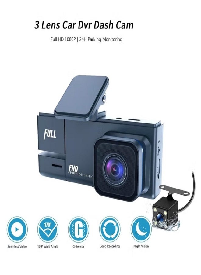 3-Lens Dash Cam with 2" IPS Screen, 1080P HD Front Camera, Night Vision, 170° Wide Angle, Parking Monitor, Loop Recording, G-Sensor, Reverse Assist, Motion Detection, USB Powered - Image 5