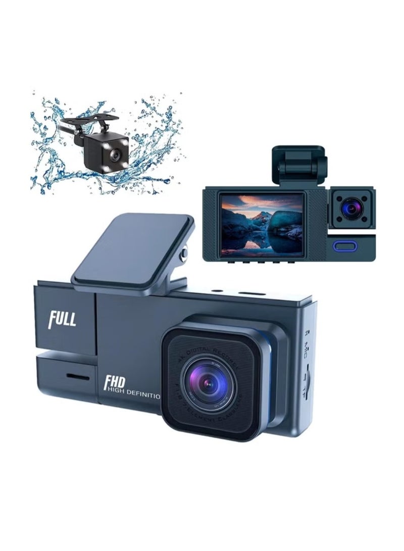 3-Lens Dash Cam with 2" IPS Screen, 1080P HD Front Camera, Night Vision, 170° Wide Angle, Parking Monitor, Loop Recording, G-Sensor, Reverse Assist, Motion Detection, USB Powered - Image 1