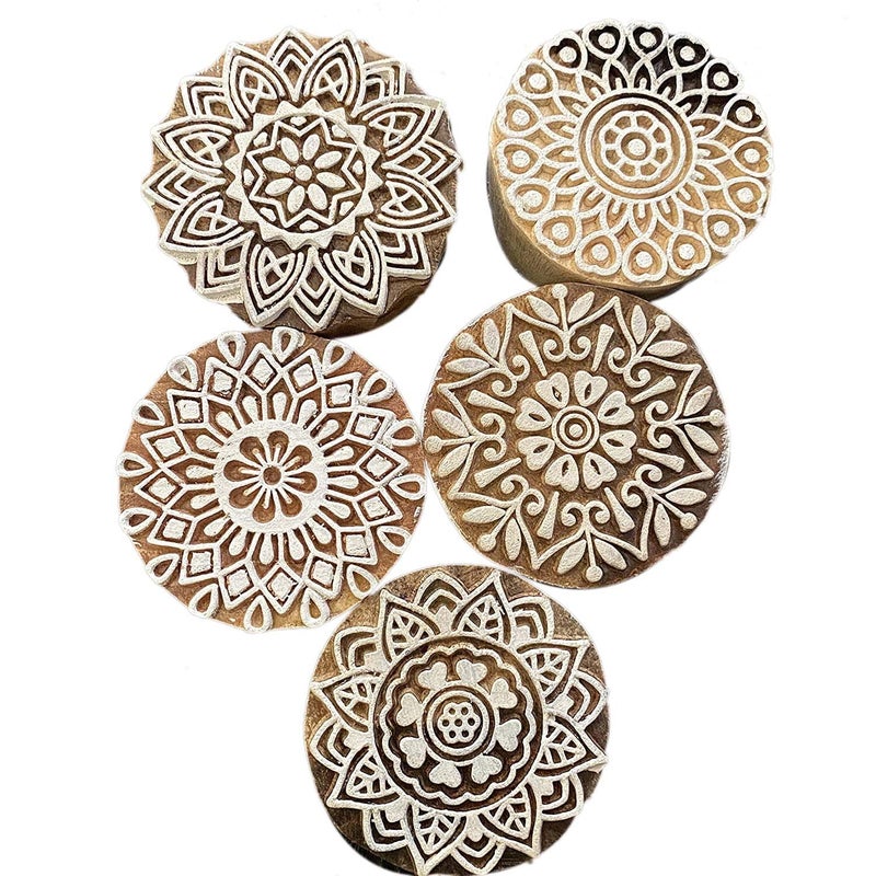 AnNafi Traditional Mehendi Pattern Mandala and Round Wood Block Stamps Set of 5  Round Wooden Printing Block Stamp  DIY Henna Fabric Textile Paper Clay Pottery Block Printing Stamp