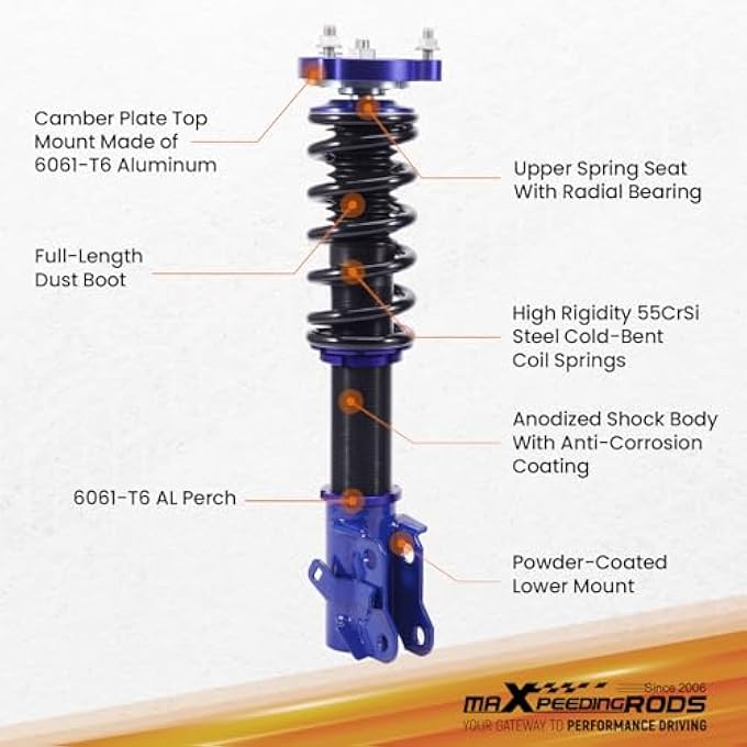 maXpeedingrods ملفات لولبية لهوندا سيفيك 2006-2011 لأكيورا CSX 2006-2011، ممتص صدمات زنبركي لولبي، مجموعة تعليق ملفات لولبية، تجميعات كاملة، ارتفاع قابل للتعديل بمقدار 13 بوصة، أزرق - Image 4