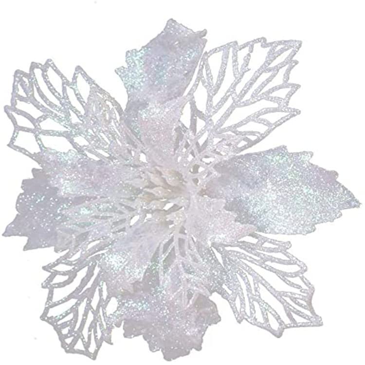 GL-Turelifes 12 Pcs 6.3'' Glitter Poinsettia Flowers Artificial White Christmas Flowers Christmas Tree Flowers Wreath Tree Ornaments with 12 Pcs Green Flower Stem - Image 2