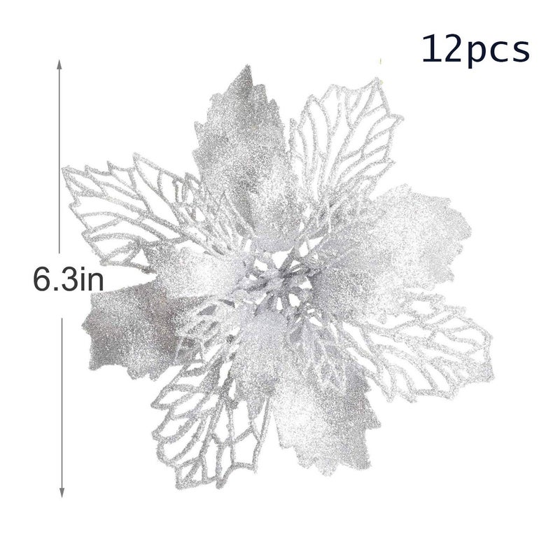 GL-Turelifes 12 Pcs 6.3'' Glitter Poinsettia Flowers Artificial White Christmas Flowers Christmas Tree Flowers Wreath Tree Ornaments with 12 Pcs Green Flower Stem - Image 3