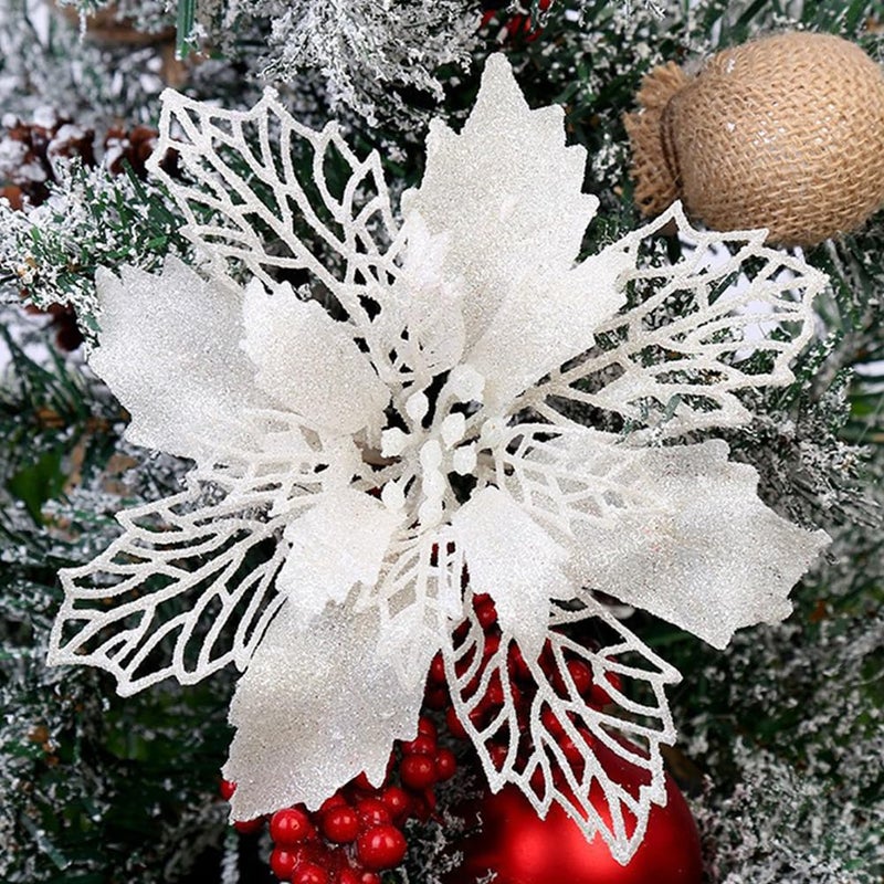 GL-Turelifes 12 Pcs 6.3'' Glitter Poinsettia Flowers Artificial White Christmas Flowers Christmas Tree Flowers Wreath Tree Ornaments with 12 Pcs Green Flower Stem - Image 1