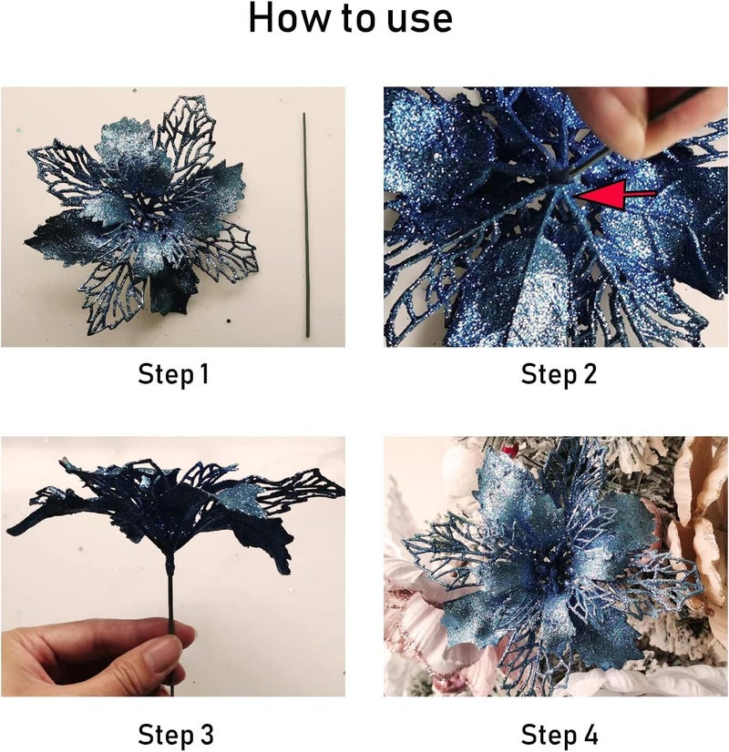 GL-Turelifes 12 Pcs 6.3'' Glitter Poinsettia Flowers Artificial White Christmas Flowers Christmas Tree Flowers Wreath Tree Ornaments with 12 Pcs Green Flower Stem - Image 4
