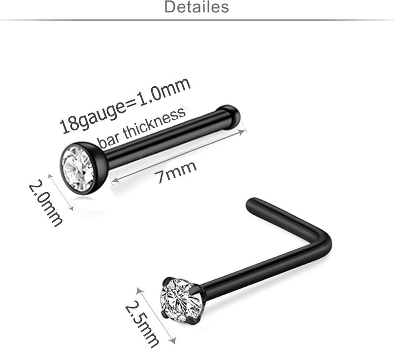 MODRSA 18 Nose Rings Studs Surgical Stainless Steel Hypoallergenic L Shaped Nose Piercing Jewelry for Women Men Silver Black Nostril Hoop Rings 18 Gauge - Image 3