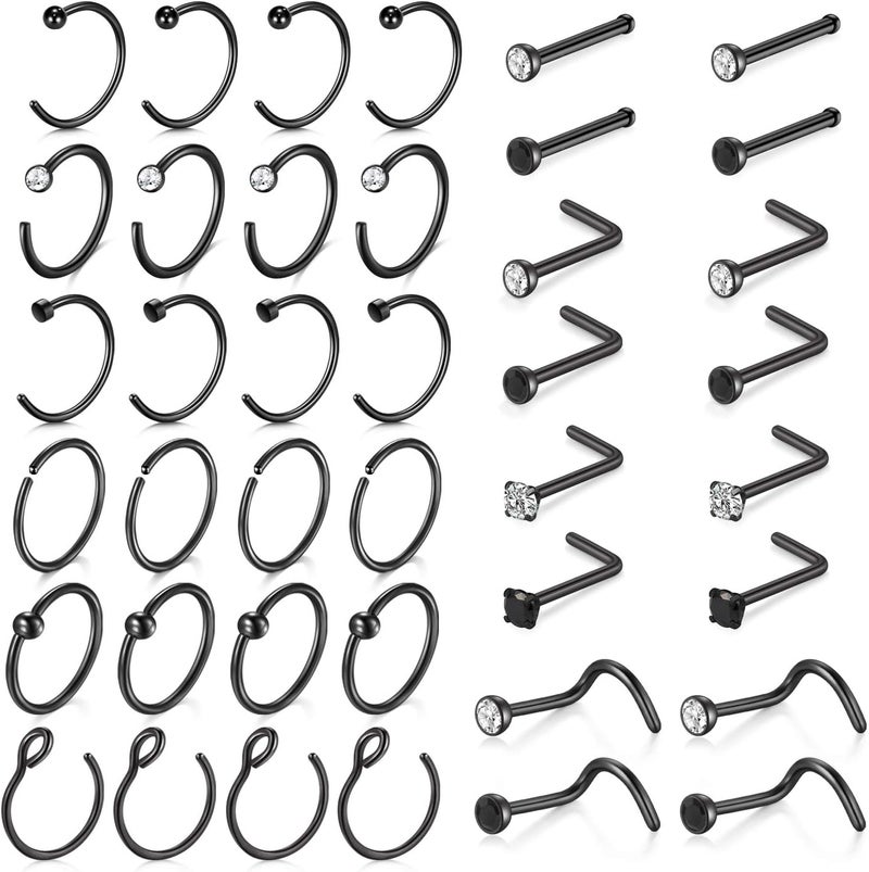 MODRSA 18 Nose Rings Studs Surgical Stainless Steel Hypoallergenic L Shaped Nose Piercing Jewelry for Women Men Silver Black Nostril Hoop Rings 18 Gauge - Image 1