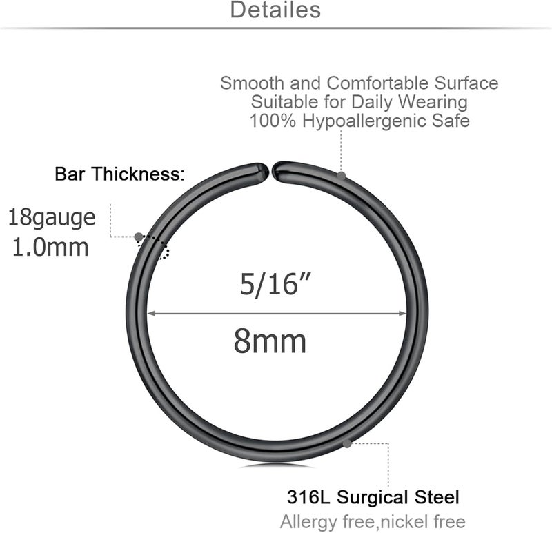 MODRSA 18 Nose Rings Studs Surgical Stainless Steel Hypoallergenic L Shaped Nose Piercing Jewelry for Women Men Silver Black Nostril Hoop Rings 18 Gauge - Image 2