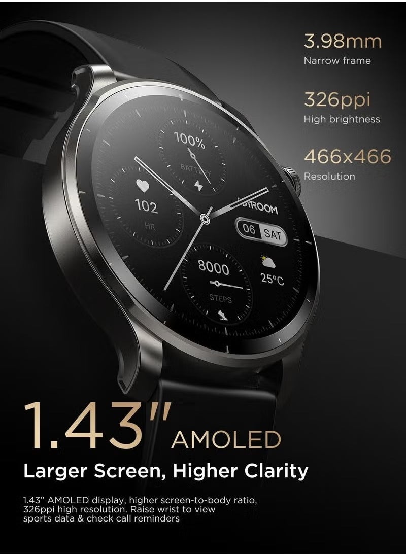 "JR-FV1 Venture Series Smartwatch – 1.43" AMOLED Display, Bluetooth 5.3, 20-Day Battery, Waterproof, Fitness & Health Tracking, Call Answering – Compatible with Android & iOS, Sleek Black Design"