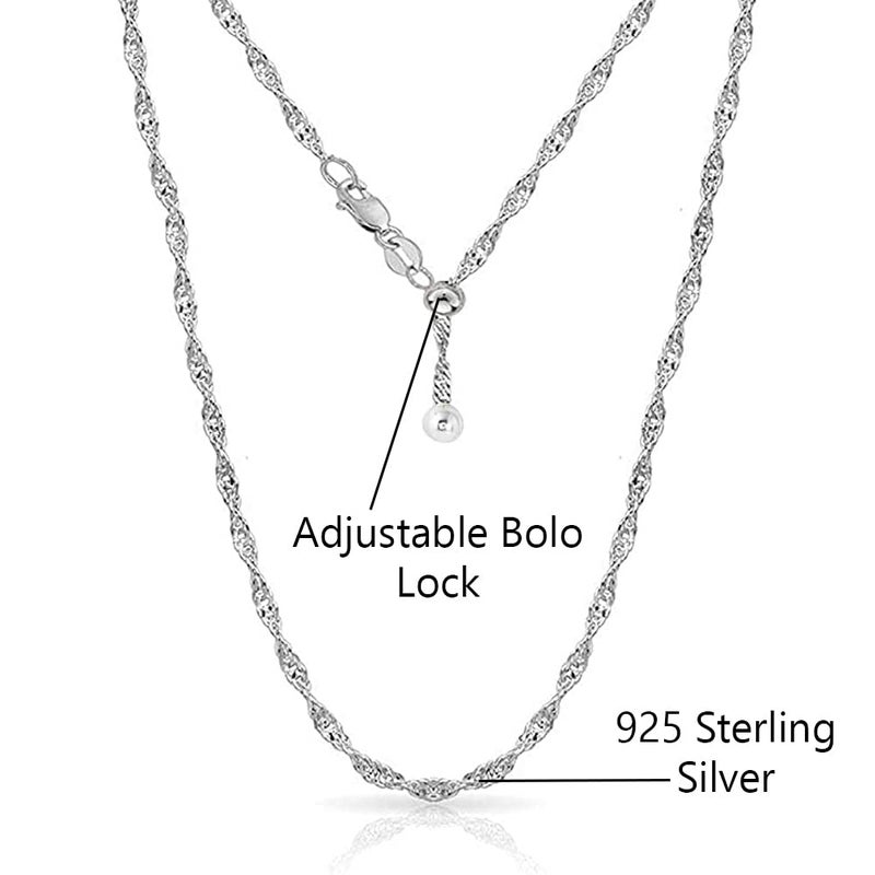 Savlano 925 Sterling Silver Italian Solid 1.5MM Singapore Twist Adjustable Bolo 14-24 Inch Chain Necklace For Women - Made in Italy Comes With a Gift Box (White) - Image 2
