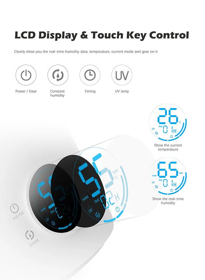 Deerma Cool Mist Purification Touch Display Smart Humidifier with Himidity Display UV Lamp Sterilization and 3 Mist Level for Home, Rooms & Office white - Image 4