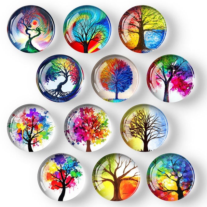 12PCS GLASS STRONG MAGNETIC REFRIGERATOR MAGNET FRIDGE STICKER ROUND LIFE TREE GLASS FRIDGE DECORATION OFFICE WHITEBOARD MAGNET FOR CABINET DISHWASHER CABINET AND LOCKER