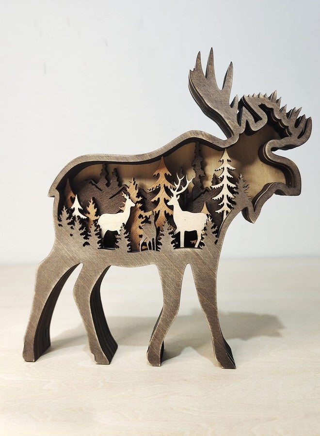 Linwnil Forest Animal Wooden Home Wall Sculptures Ornament,Multi-Layer 3D Wood Carving Art Shelf Table Wood Crafts Home Furnishing (Elk) - Image 3