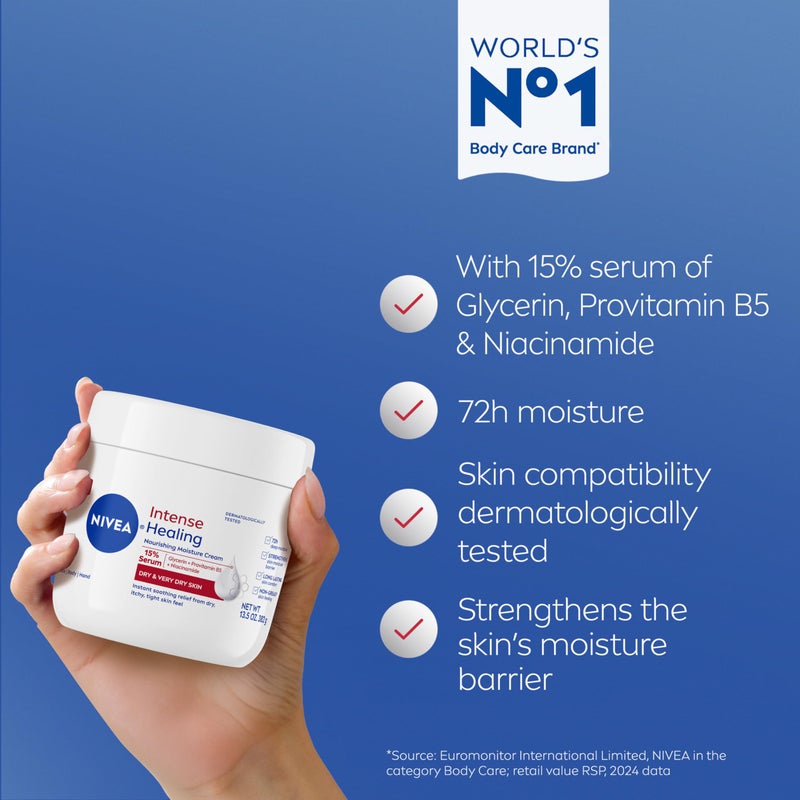 NIVEA Intense Healing Body Cream for Dry Skin with Glycerin, Provitamin B5 and Niacinamide, 72-Hour Moisture, Non-Greasy Body Moisturizer Immediately Soothes Dry, Itchy Skin Feeling, 13.5 Oz Jar - Image 3