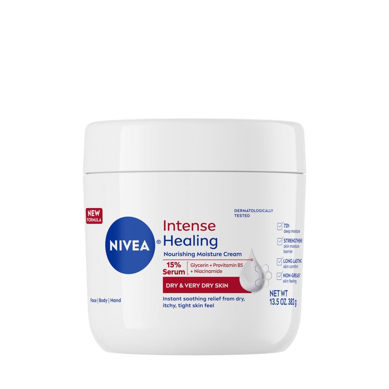 NIVEA Intense Healing Body Cream for Dry Skin with Glycerin, Provitamin B5 and Niacinamide, 72-Hour Moisture, Non-Greasy Body Moisturizer Immediately Soothes Dry, Itchy Skin Feeling, 13.5 Oz Jar - Image 1