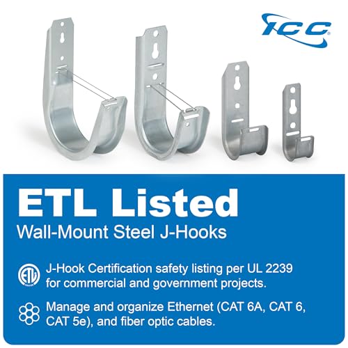 ICC 1-5/16"-Inch Wall Mount J-Hook – 25-Pack, Cable Support Hooks Without Retainer Clips, Galvanized Steel with Zinc Finish – for Structured Cabling and Cable Management - Image 2