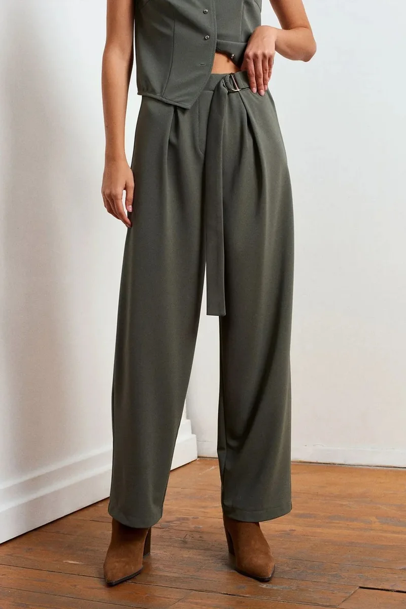 Dilvin Khaki Green DILVIN High-Waist Wide-Leg Crepe Trousers for Women | Best Price UAE