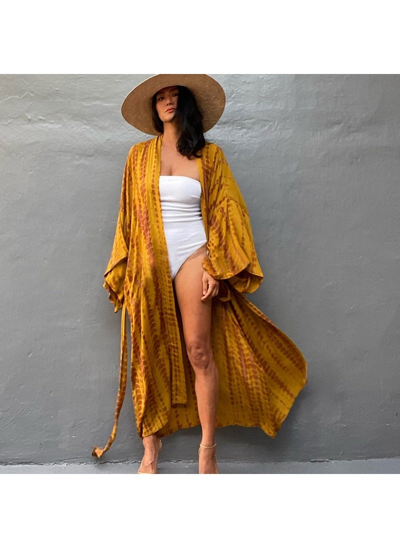 Generic New Bohemian Cotton Print Cardigan Bikini Cover-Up Yellow Red (ZS1793-3) 