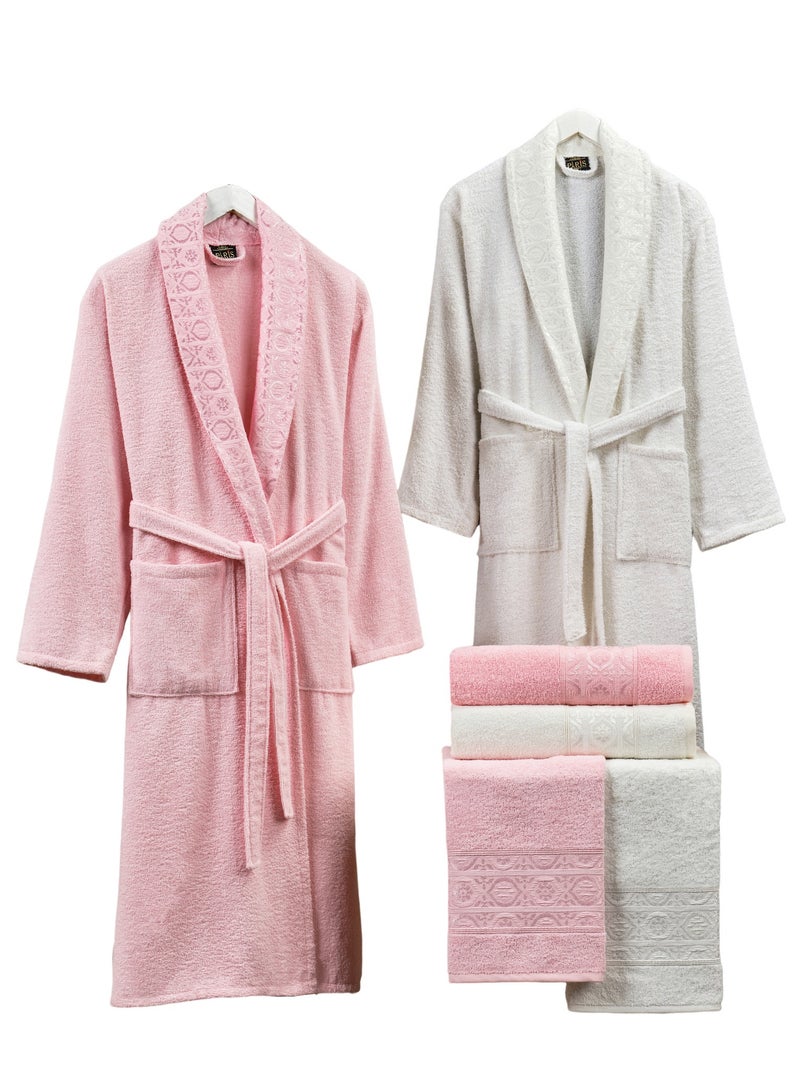 فيلا_باريس طقم رداء حمام عائلي من قطن تيري تركي مكون من 6 قطع 420 جرام لكل متر مربع مع مناشف حمام ومناشف يد متطابقة في صندوق هدايا وردي سماوي / أوف وايت - Image 2