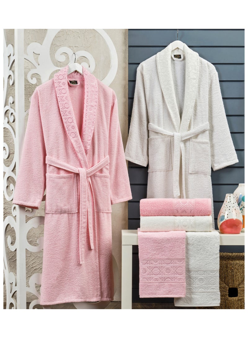فيلا_باريس طقم رداء حمام عائلي من قطن تيري تركي مكون من 6 قطع 420 جرام لكل متر مربع مع مناشف حمام ومناشف يد متطابقة في صندوق هدايا وردي سماوي / أوف وايت - Image 1