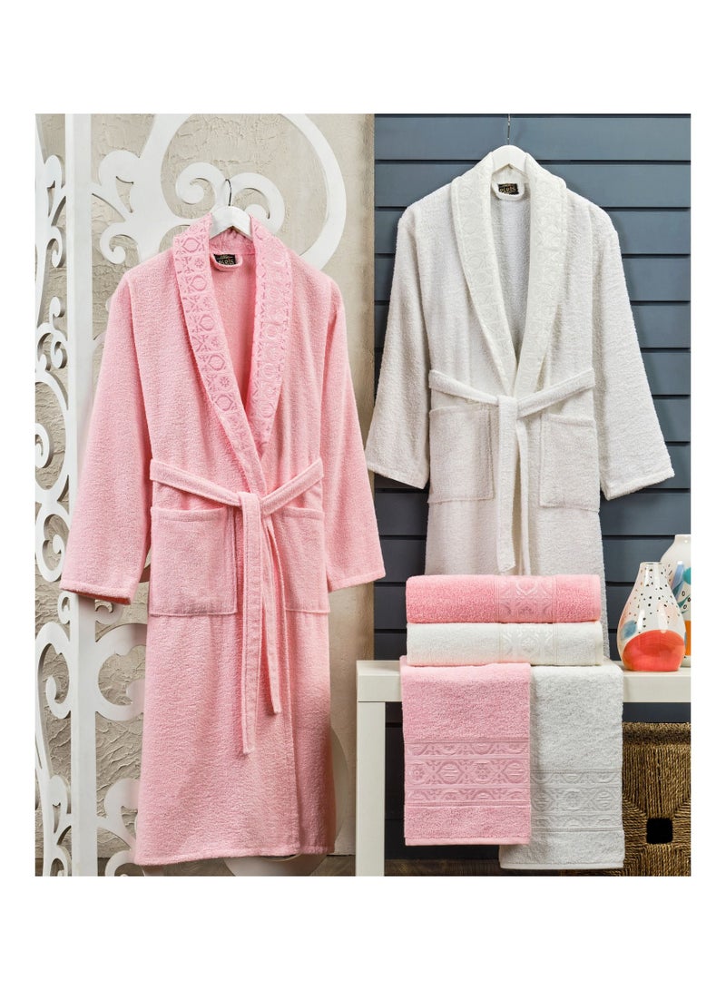 Villa Paris 6-Piece Turkish Terry Cotton Jacquard Family Bathrobe Set 420 GSM with Matching Bath Towels and Hand Towels in Gift Box Sky Pink/Off White 