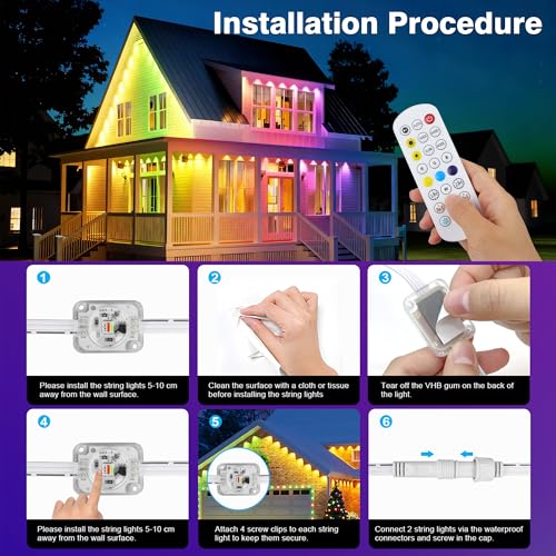 NovaFloat 148FT 54LEDs RGB Permanent Outdoor Lights, Control, IP67 Waterproof Under Eave Lighting with Remote, DIY Music Sync for House, Holiday, Party, Garden Decor - Image 5
