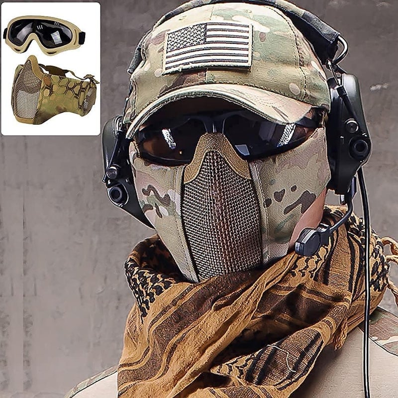 Aoutacc Airsoft Protective Gear Set, Half Face Mesh Mask with Ear Protection and Tactical Goggles for Adult Men Women BBS Paintball Shooting CS Survival Games Cosplay - Image 3