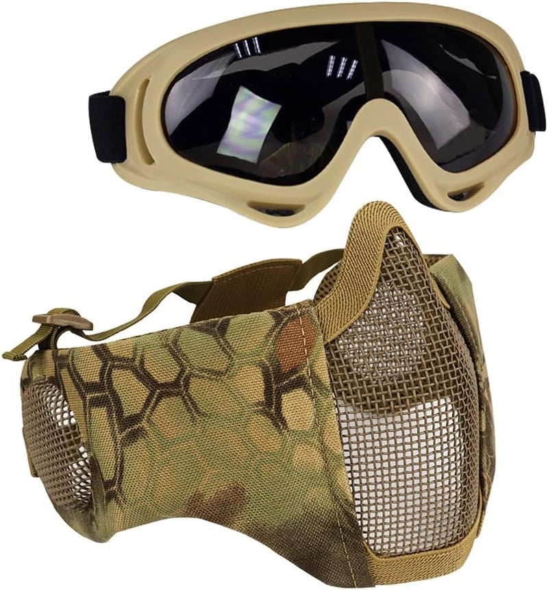 Aoutacc Airsoft Protective Gear Set, Half Face Mesh Mask with Ear Protection and Tactical Goggles for Adult Men Women BBS Paintball Shooting CS Survival Games Cosplay - Image 1