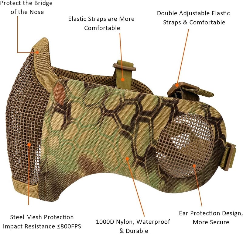 Aoutacc Airsoft Protective Gear Set, Half Face Mesh Mask with Ear Protection and Tactical Goggles for Adult Men Women BBS Paintball Shooting CS Survival Games Cosplay - Image 2
