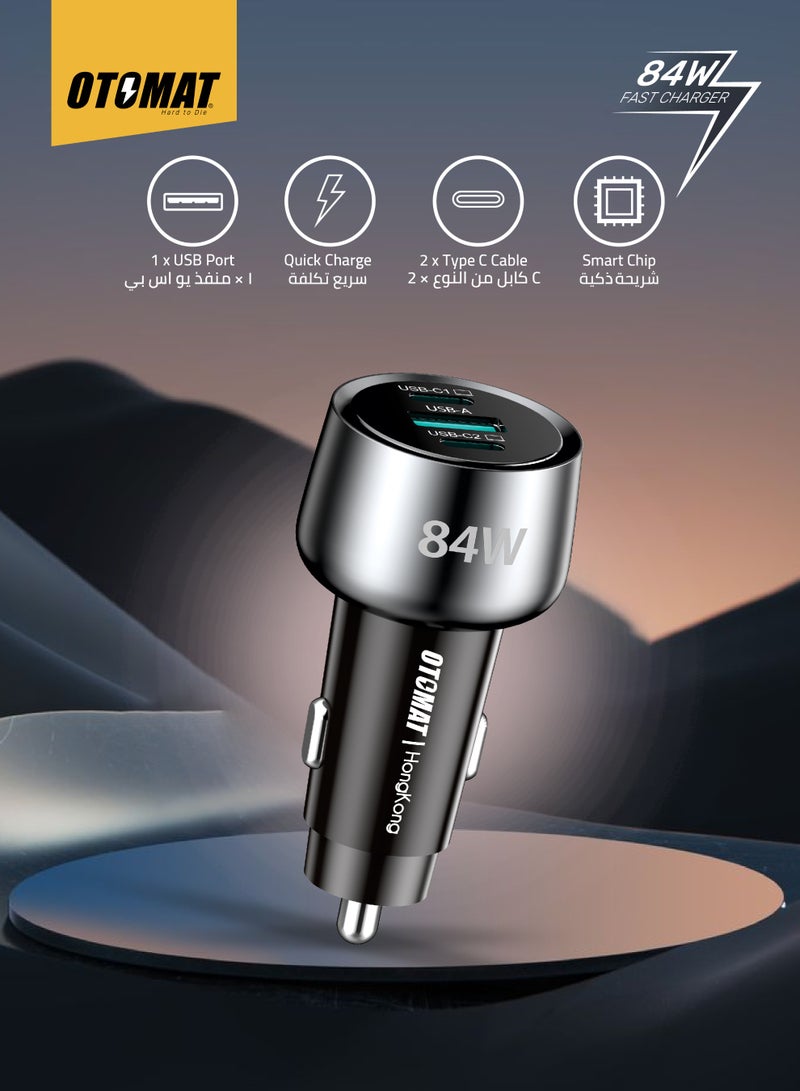 OTOMAT 84W Fast Car Charger – Dual USB-C & USB-A Ports with Quick Charge Smart Chip – High-Speed Charging for iPhone, Samsung Galaxy, Android, Tablets, Laptops, Power Banks – Compact Design - Image 2