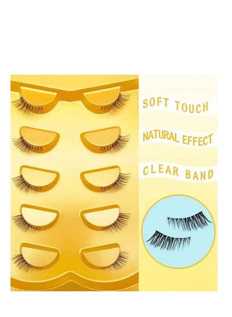 معجب مجموعة من 5 أزواج من الرموش الصناعية نصف العين، مظهر طبيعي على شكل عين القطة بطول 10 مم، زوايا خارجية طويلة، رموش صناعية من قطعة واحدة مع شريط شفاف، مقاومة للتلطخ تدوم طويلاً، مناسبة للمناسبات اليومية والحفلات. - Image 4