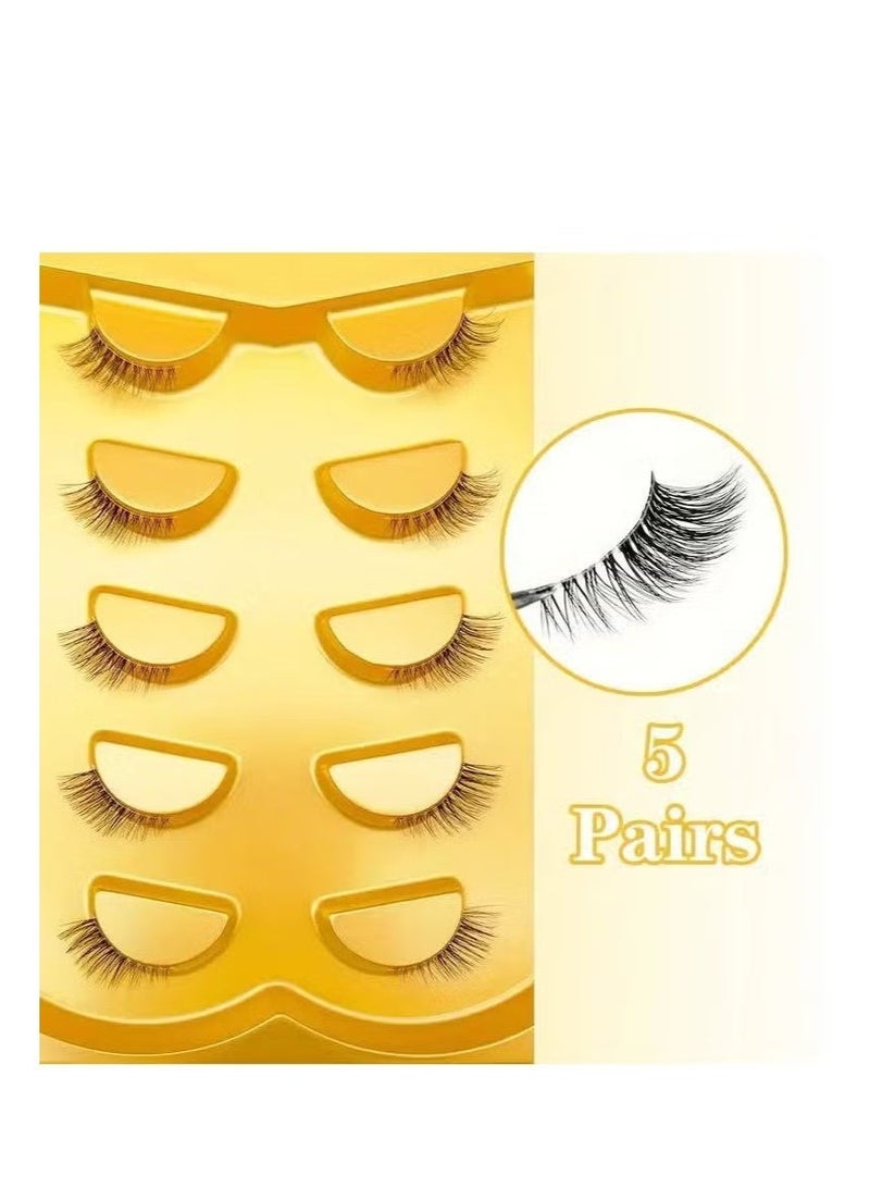 معجب مجموعة من 5 أزواج من الرموش الصناعية نصف العين، مظهر طبيعي على شكل عين القطة بطول 10 مم، زوايا خارجية طويلة، رموش صناعية من قطعة واحدة مع شريط شفاف، مقاومة للتلطخ تدوم طويلاً، مناسبة للمناسبات اليومية والحفلات. - Image 2
