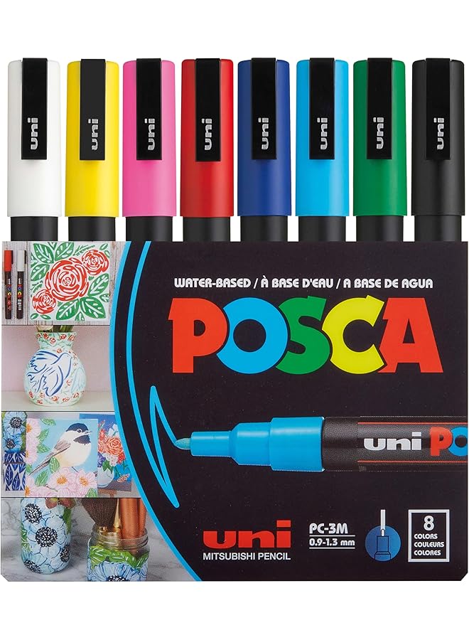 POSCA Full Set Of 8 Acrylic Paint Pens With Reversible Fine Point Pen Tips Pens Are Acrylic Paint Markers For Rock Painting Fabric Glass Paint Metal Paint And Graffiti - Image 1