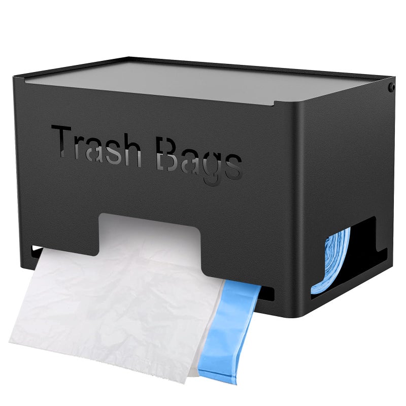 STWWO Large Trash Bag Holder Dispenser Metal Garbage Bag Dispenser Roll Holder Kitchen Trash Storage Organizer for Under Sink Wall Mounted or Freestanding Black