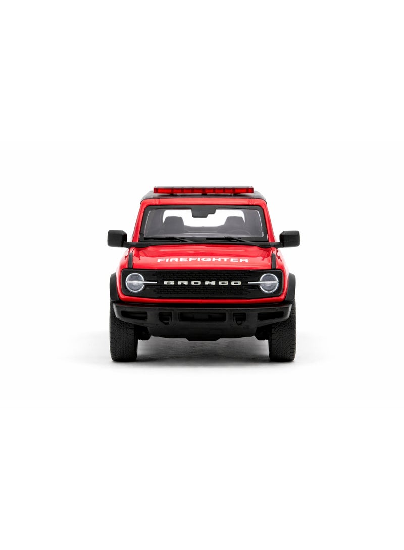 Kinsmart 1:34 Scale 2022 Ford Bronco Police/Firefighter edition Diecast Model Car – Opening Doors & Pull Back Action-Red - Image 2