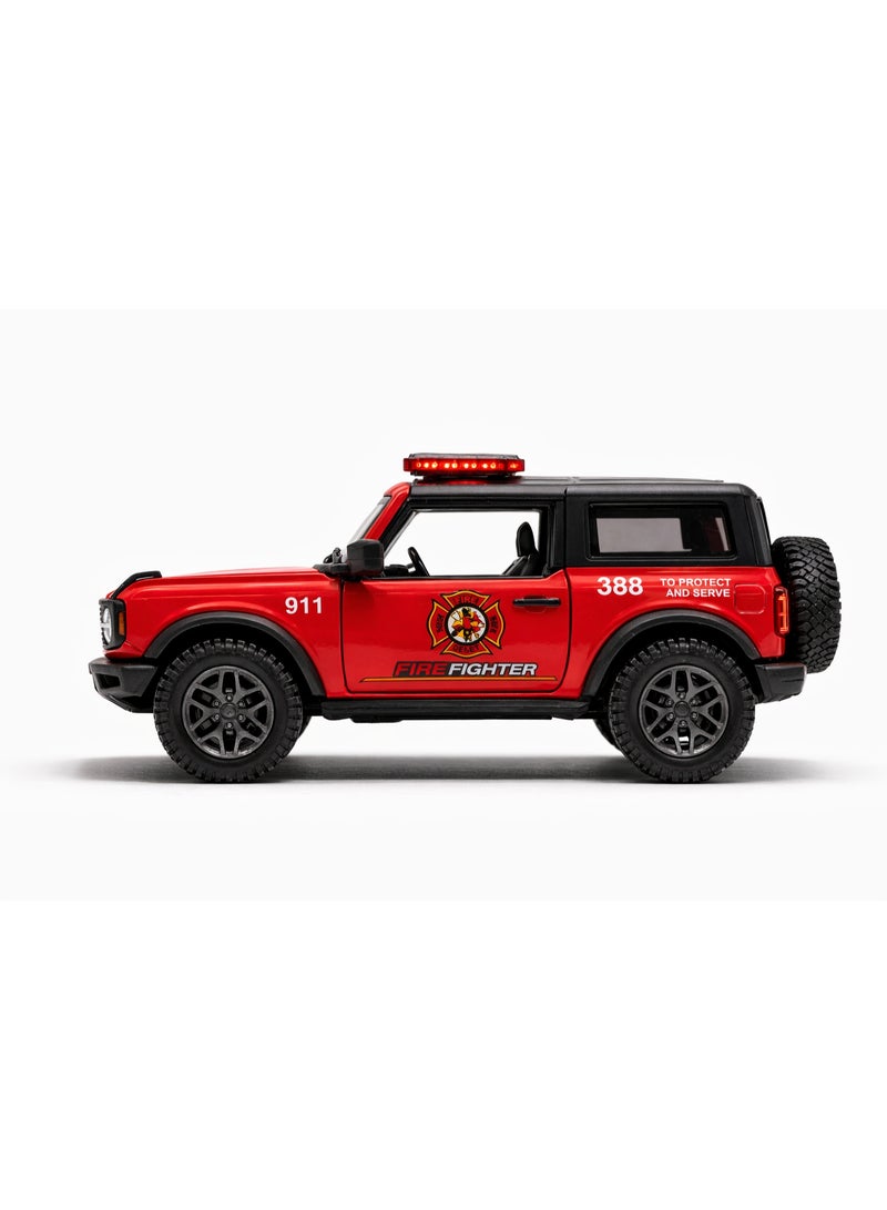 Kinsmart 1:34 Scale 2022 Ford Bronco Police/Firefighter edition Diecast Model Car – Opening Doors & Pull Back Action-Red - Image 3