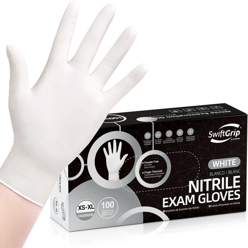 SwiftGrip Disposable Nitrile Exam Gloves, 3-mil, Medium, Box of 100, White Nitrile Gloves Disposable Latex Free for Medical, Cleaning, Cooking & Esthetician, Food-Safe, Powder-Free, Non-Sterile - Image 1