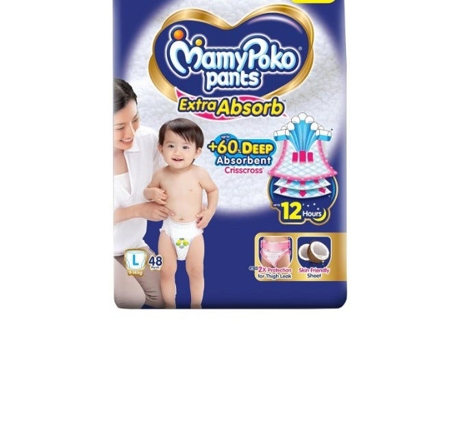 MamyPoko Pants Extra Absorb Baby Diapers, Large (L Size) | 9-14 kg | 48 Count |Deep Sleep Diapers| Soft Gentle fit |Deep Absorbent Crisscross | Skin Friendly with Coconut Oil | (Pack of 2)