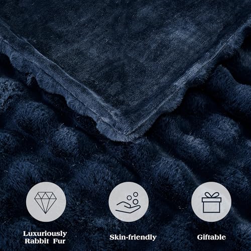 JONIYEAR Soft Fuzzy Bubble Faux Rabbit Fur Throw Blanket for Couch 50" x 60", Double Sided Textured Warm Fluffy Blanket for Winter,Luxury Cozy Puffy Shaggy Comfy Furry Blankets for Sofa Bed, Navy Blue - Image 4