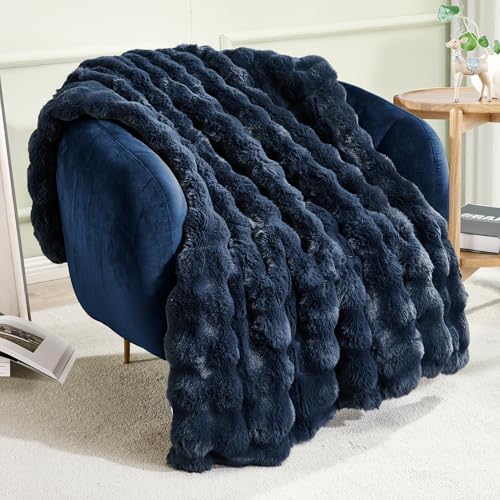 JONIYEAR Soft Fuzzy Bubble Faux Rabbit Fur Throw Blanket for Couch 50" x 60", Double Sided Textured Warm Fluffy Blanket for Winter,Luxury Cozy Puffy Shaggy Comfy Furry Blankets for Sofa Bed, Navy Blue - Image 1